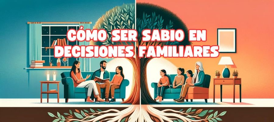 Una ilustración dividida en dos partes, con la izquierda mostrando una familia conversando en su sala de estar, simbolizando la unidad y la comunicación, y la derecha mostrando un árbol robusto con raíces profundas, representando la sabiduría y estabilidad en la toma de decisiones familiares. El fondo une ambas imágenes con tonos cálidos de atardecer