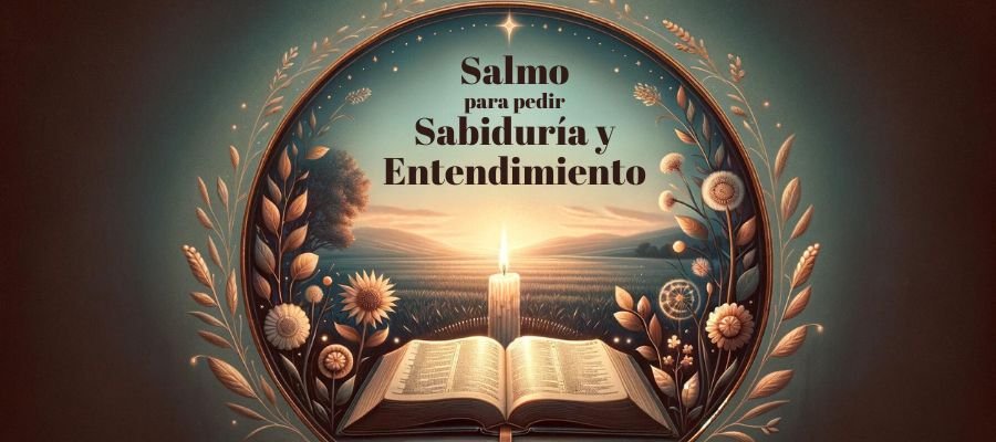 La imagen muestra una Biblia abierta iluminada por una vela encendida, simbolizando la iluminación divina. Está rodeada por un ambiente pacífico de amanecer o atardecer, con luces suaves y tenues que sugieren oración, sabiduría y reflexión. El texto "Salmo para Pedir Sabiduría y Entendimiento" está destacado de manera prominente en la imagen con una tipografía elegante y respetuosa, adecuada para el tema sagrado.